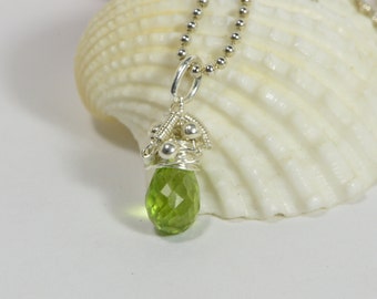 Wire Wrapped Peridot Pendant Tiny Birthstone Charm Birthday Gift Gemstone Drop Peridot teardrop