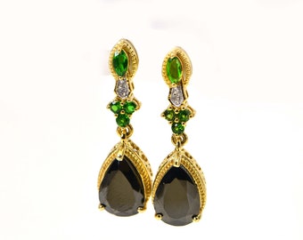 Thai Black Spinel  Chrome Diopside  Earrings In 18k Gold over 925 Sterling Silver Black Teardrops Vintage  Earrings