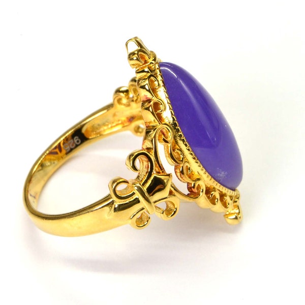 Marquise purple Jade 14K Yellow Gold Over Sterling Silver Cocktail Style Ring Large  stone  Fleur De Lis Ring