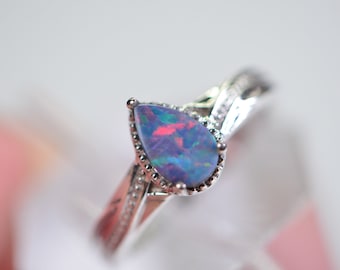 Australian Black Opal Ring  Single stone Stacking  Opal Ring Sterling Silver Band Engagement Weddings Promise Birthstone