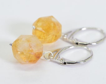 Brazilian Citrine Earrings Natural Stone Faceted 12 mm Round Stone Sterling Silver Oval Lever back Hoop Dangle Earrings Gift For Women