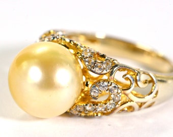 11mm Genuine South Sea Golden Pearl Ring 14K Yellow Gold Over Sterling Silver Big Pearl Ring