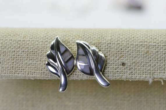 Solid Sterling Silver Leaf Stud Earrings Gemstone… - image 6