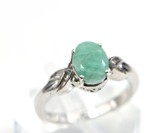 Genuine Colombian  Emerald  Sterling Silver Solitaire Ring Birthstone May