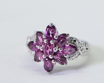 Rhodolite Garnet Flower Ring 14K White Gold Over Sterling Silver Floral Ring Purple Garnet oval shape Ring Gift For Women Gemstone Ring