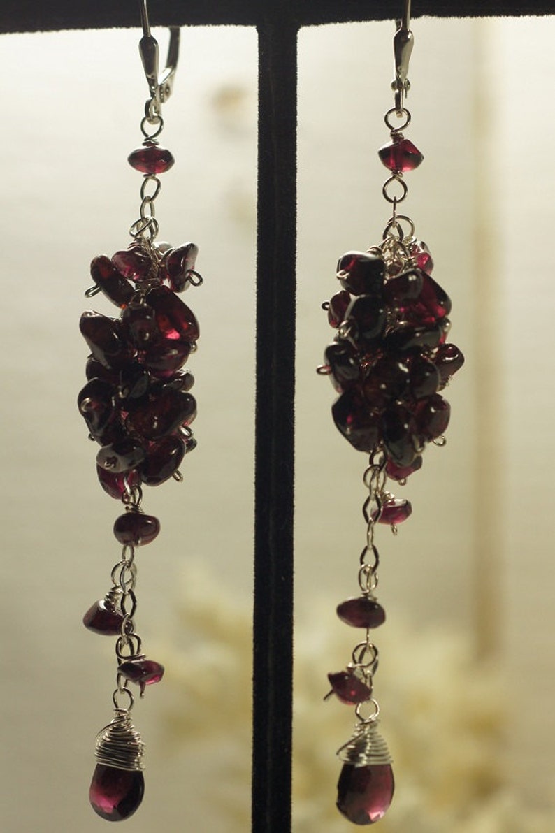 Garnet Red Earrings Long Cluster Earrings Natural Garnet On Sterling silver Birthstone For January Gemstone Earrings image 5
