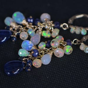 Sapphire and Opal  Long Cluster  Earrings, Wire Wrapped 14K Yellow Gold  Birthstone October Fancy Statement Gemstone Earrings