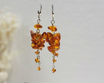 Baltic Amber Earrings, Wire Wrapped Sterling Silver Long Cluster Gemstone Chandelier Earrings Honey Gold