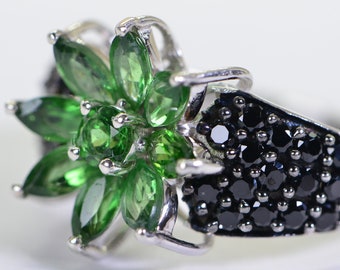 Emerald  Black Diamond Flower Ring In 14K white Gold Over 925 Sterling Silver Gemstone Cocktail Ring Design Flower Women Green Ring