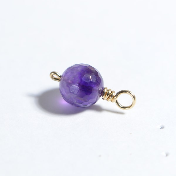 10mm  Amethyst wire wrapped 14K Gold Wire  Natural Brazil Amethyst Facet Round Charm Birthstone February