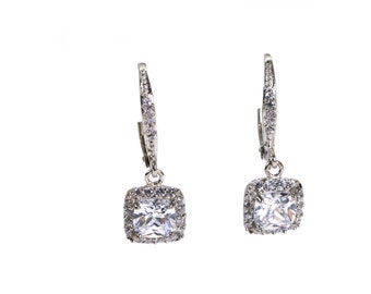 Simulated Diamond Cushion Dangle Earrings Halo Design  Brilliants Square Cushion Stone Silver Earrings Women Earrings Gift Wedding Earrings
