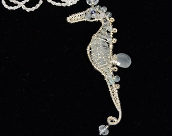 Seahorse Pendant Aquamarine Wire Wrapped Wired Jewelry Birthstone March