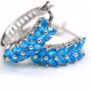 Neon Blue Apatite Hoop Earrings Sterling Silver Hinge Hoop Earrings Blue Gemstone Marquise stone  Earrings Gift For Mom Vintage Earrings
