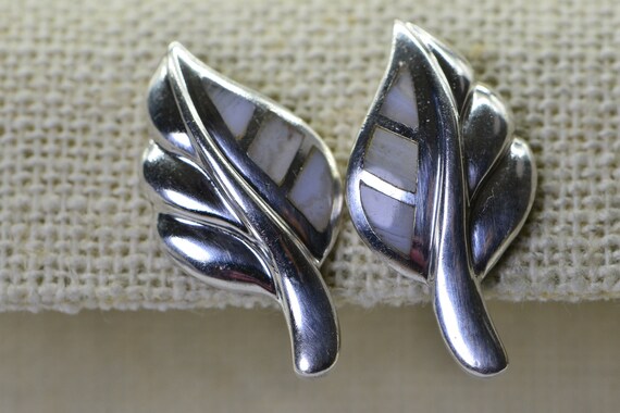 Solid Sterling Silver Leaf Stud Earrings Gemstone… - image 2
