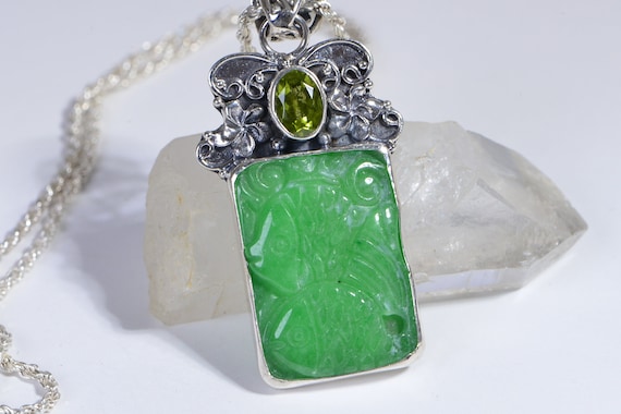 Apple Green Jade Carved Fish Pendant, Sterling Silver  Jade and Peridot necklace in sterling silver by Jade of Yesteryear main image 0