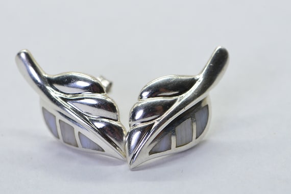 Solid Sterling Silver Leaf Stud Earrings Gemstone… - image 1