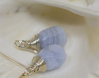 Blue Agate Earrings Wire Wrapped Sterling silver Earrings Briolette Earrings Natural Stone Earrings Gemstone Earrings Birthday Gift