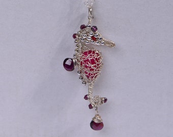 Seahorse Wire Wrapped Pendant , Sterling silver. Red Garnet. Red Onyx. Seahorse Jewelry