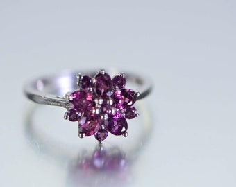 Genuine Rhodolite Garnet Flower Cluster Women Ring 14K White Gold Over Sterling Silver  Cocktail Ring Birthstone January