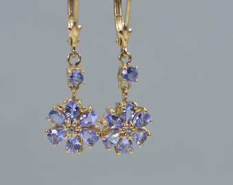 Genuine Tanzanite Flower Earrings Dangle Cluster Earrings Birthstone December