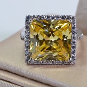 Vintage Simulated Yellow Diamond Ring: Sterling Silver Cushion Halo