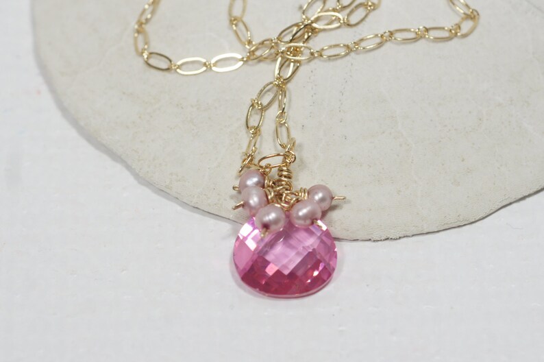 Pink Pearl and Cubic Zirconia Necklace 14k Gold Filled Jewelry Gemstone Necklace image 5