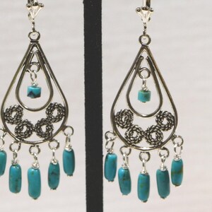 Natural Turquoise  Earrings Chandelier Filigree Earrings Sterling Silver Jewelry Gemstone Earrings