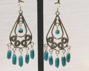 Nevada Turquoise Chandelier Earrings, Filigree Sterling Silver Jewelry