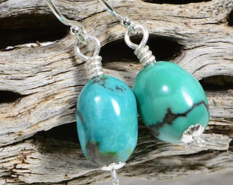Nevada Blue Turquoise Earrings, Sterling Silver Wire Wrapped