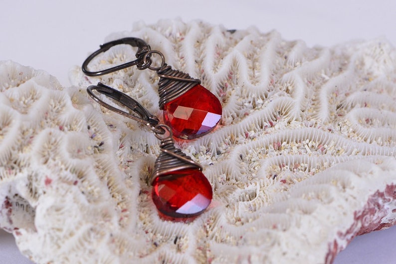 Glass Drop Earrings Red Briolette Earrings Copper Earrings image 1