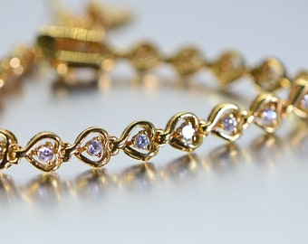 Gold Heart Tennis Bracelet Simulated Diamond 18K Gold Over Sterling silver Women Bracelet Vintage Gold Bracelet Anniversary Gift Wife