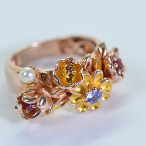 Multi Gemstone Flower Ring: Ruby, Tanzanite, Pearl, Rose Gold Vermeil, Size 6 image 9