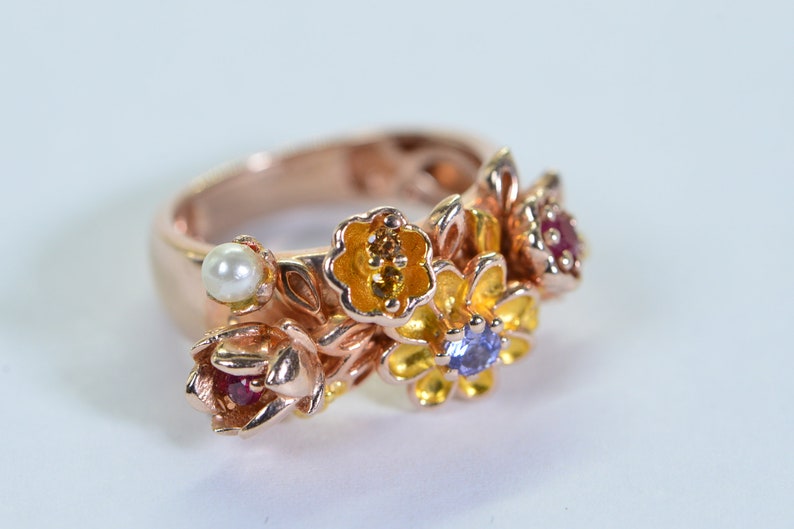 Multi Gemstone Flower Ring: Ruby, Tanzanite, Pearl, Rose Gold Vermeil, Size 6 image 9
