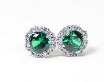 Simulated  Emerald and Diamond Large Stud Earrings Sterling silver 925 Halo Style Studs Green Earrings Gift For Women, Christmas Gift