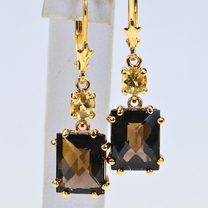 Natural Smokey Quartz and Citrine Dangle Earrings 14K Gold Over Sterling Silver
