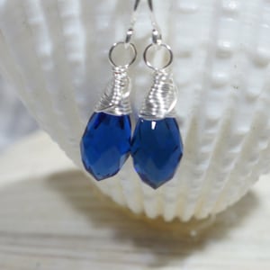 Sapphire Drop Earrings Crystal Glass Earrings Sterling Silver Wire Wrap