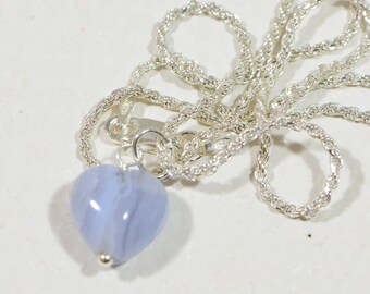 Blue Agate Pendant Heart Gemstone Jewelry Sterling silver Rope diamond cut  Chain Gift For Her Handmade