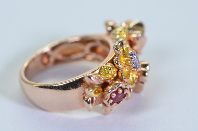 Multi Gemstone Flower Ring: Ruby, Tanzanite, Pearl, Rose Gold Vermeil, Size 6 image 8