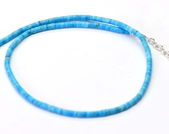 Sleeping Beauty Turquoise Heishi Necklace, Sterling Silver Clasp