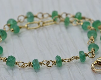 Handmade Emerald Bracelet: 14K Gold Filled Wire Wrapped Chain, May Birthstone