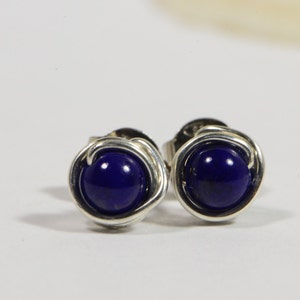 Lapis Lazuli Studs Earrings Tiny Post Earrings Gemstone Earrings Wire Wrapped Post Earrings Birthstone Jewelry image 2