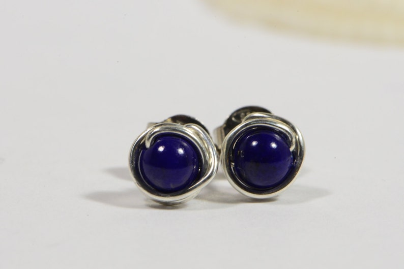 Lapis Lazuli Studs Earrings Tiny Post Earrings Gemstone Earrings Wire Wrapped Post Earrings Birthstone Jewelry image 2