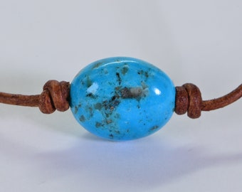 35ct Arizona Blue Turquoise Necklace Single Bead On Leather Necklace Choker Gemstone Necklace