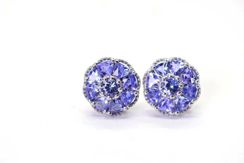 Genuine Tanzanite Flower Stud Earrings Trillion Cut Cluster Post Earrings Sterling Silver Birthstone December