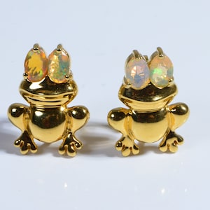 Gold Frog Earrings Ethiopian Opal Oval Faceted Clip On Not pierced Earrings Gift For Daughter Earrings For Kids Fun Earrings Frog Clip Studs