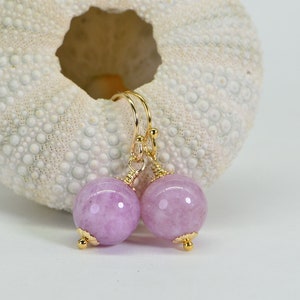 Kunzite Jade Earrings  14K Yellow Gold Filled Wire Wrapped Dangle Earrings  Purple Pink Gemstone Purple and Gold Earrings