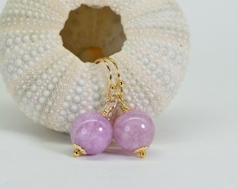 Kunzite Jade Earrings  14K Yellow Gold Filled Wire Wrapped Dangle Earrings  Purple Pink Gemstone Purple and Gold Earrings