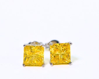 Yellow Diamond Princess cut Stone Stud Earrings 14K White Gold Over Sterling Silver Yellow Crystal Round 7mm Studs