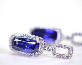 Simulated Diamond and Tanzanite Emerald Cut Sterling silver Bright Purple Blue Earrings Rectangle Geometric Sparkly Earrings For Women