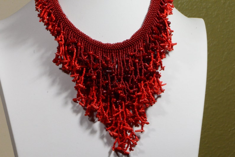 Natural Red Coral Necklace Coral Statement Necklace Beaded Choker Boho Necklace Bib Necklaces Fringe Necklaces Beach Necklace Multi Color image 2